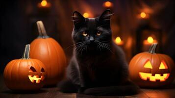 Halloween cute black cat and pumpkin lanterns. AI generated image photo