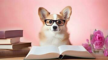 Cute corgi dog professor with pile of books on pink background. AI generated image. photo