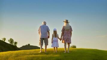 Grandparents and their granddaughter. Concept of grandparents day, grandchildren day. AI generated photo