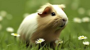 Cute guinea pig with small white flowers. AI generated photo