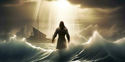 Jesus Christ walking on water across the sea towards a boat. AI generated photo