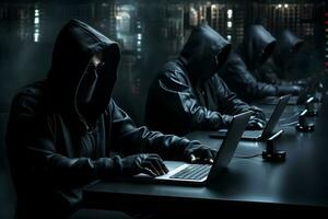 Hackers with hoodies typing laptops. Hacker group, organization or association. AI generated photo