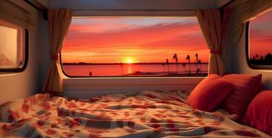 Beach scene seen by camper inside the camper van at sunset. AI generated photo