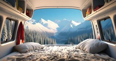 Winter mountain scene seen by camper inside the camper van. photo