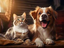 Portrait of cute cat and adorable puppy together. AI generated photo