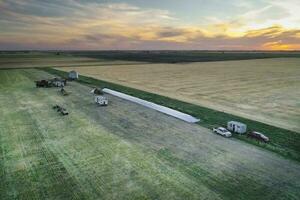 Silo bag work in pampas countryside, grain storage in La Pampa, Argentina photo