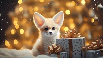 súper linda fennec zorro con Navidad caja de regalo. ai generado imagen foto