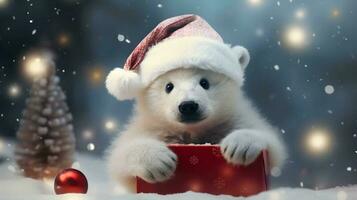 Super cute white polar bear in Santa hat with giftbox. AI generated image photo