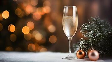 Glass of champagne. Christmas night, New Year eve. AI generated image photo