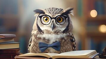 Cute owl teacher with pile of books. Back to school concept. AI generated image. photo