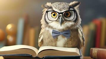 Cute owl teacher with pile of books. Back to school concept. AI generated image. photo