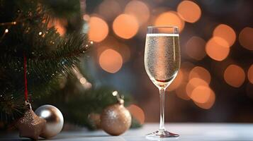 Glass of champagne. Christmas night, New Year eve. AI generated image photo