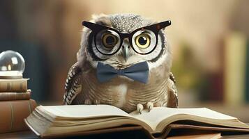 Cute owl teacher with pile of books. Back to school concept. AI generated image. photo