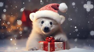 Super cute white polar bear in Santa hat with giftbox. AI generated image photo