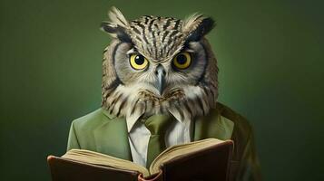 Owl professor with books. AI generated image. photo