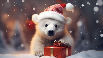 Super cute white polar bear in Santa hat with giftbox. AI generated image photo