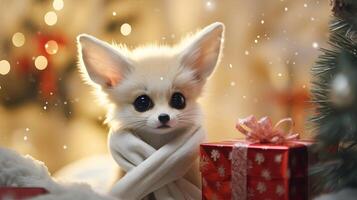 súper linda fennec zorro con Navidad caja de regalo. ai generado imagen foto