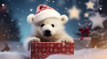 Super cute white polar bear in Santa hat with giftbox. AI generated image photo