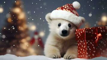Super cute white polar bear in Santa hat with giftbox. AI generated image photo