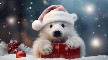 Super cute white polar bear in Santa hat with giftbox. AI generated image photo