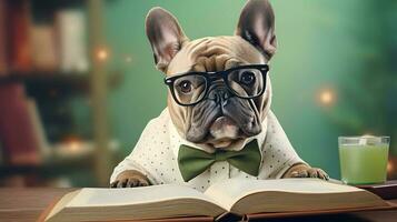 Cute french bulldog student wearing glasses, with pile of books. AI generated image. photo