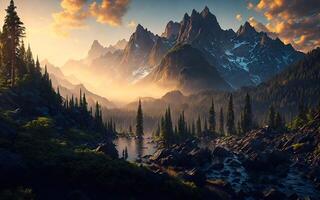 maravilloso paisaje río dorado hora caídas y montañas. generativo ai foto