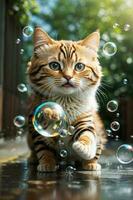 An adorable cat plays bubbles photo