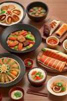 Korean dishes with meat and rice photo