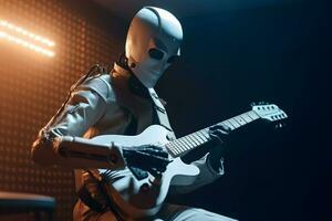 AI robot musician playing guitar. Futuristic entertainment on stage. AI generated photo