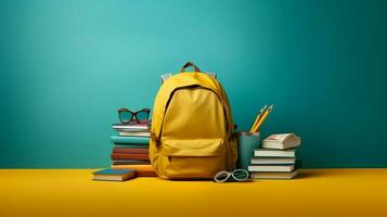 Books and backpack. Concept of back to school. AI generated photo