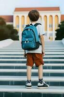 Student boy with backpack on way to school. Concept of back to school. AI generated photo