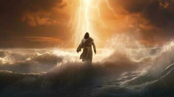 Jesus Christ walking on water. Thunderstorm with huge waves. AI generated photo