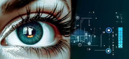 Woman eye with digital coding iris screen. Concept of iris recognition. AI generated photo