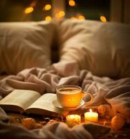 Cozy background with coffee cup and book photo