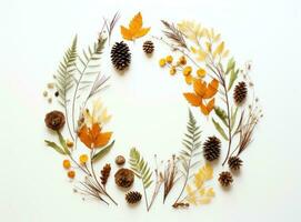 otoño composición. marco hecho de eucalipto sucursales, flores foto