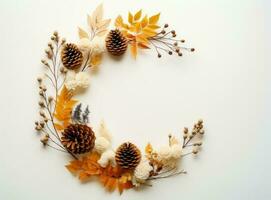 otoño composición. marco hecho de eucalipto sucursales, flores foto