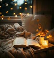 Cozy background with coffee cup and book photo