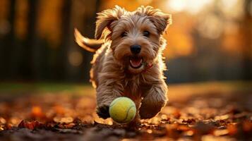 perro obras de teatro con pelota en otoño parque foto