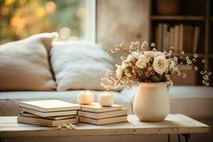 Cozy autumn background with books photo