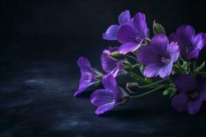 púrpura flores en un oscuro fondo, generativo ai foto