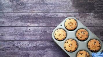 chocolate chip muffins in a muffin tin on a wooden table video