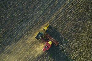 Harvester in Pampas Countryside, aerial view, La Pampa province, Argentina. photo