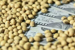 Dollars banknotes and coins and soy beans, commoditi value concept. photo