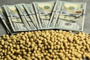 Dollars banknotes and coins and soy beans, commoditi value concept. photo