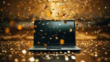 Cyber monday confetti computer technology futuristic gold background with empty space for text photo