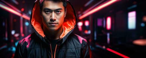 Portrait of a young asian male in neon on a dark studio background cyber monday concept background with empty space for text photo