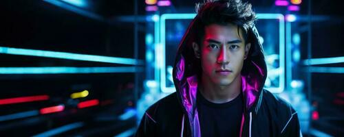 Portrait of a young asian male in neon on a dark studio background cyber monday concept background with empty space for text photo