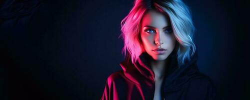 Portrait of young woman in neon on dark studio background cyber monday concept background with empty space for text photo