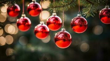 Christmas ornaments delicately hung on a lush green fir tree photo