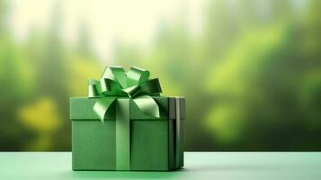 Gift box on a white table on a vivid green background with empty space for text photo